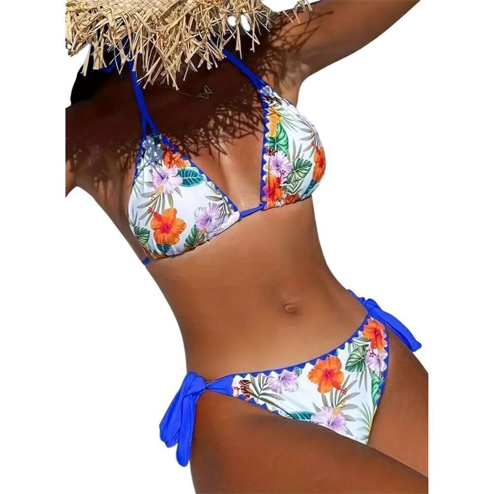 Sexy Tropical Floral Halter Bikini Set Multicolor Beachy Vacation Resortwear